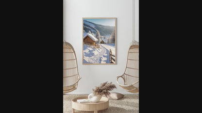 Affiche Numérique Chalets dans la Campagne Enneigée, Art Mural Hiver, Poster Nature, Paysage, Décor de Neige, Format A2 : 42 x 59,4 cm