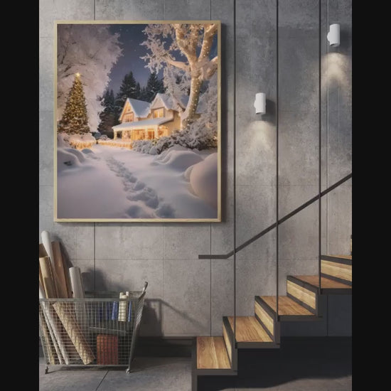 Affiche Numérique Paysage Enneigé & Maison décorée - Noël, Art Mural Fêtes de Fin d'Année, Poster Hiver, Décor Neige, Format A2: 42 x 59,4cm