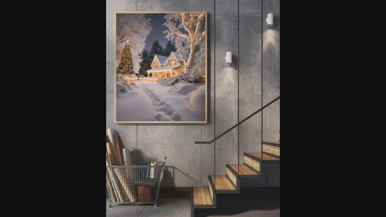 Affiche Numérique Paysage Enneigé & Maison décorée - Noël, Art Mural Fêtes de Fin d'Année, Poster Hiver, Décor Neige, Format A2: 42 x 59,4cm