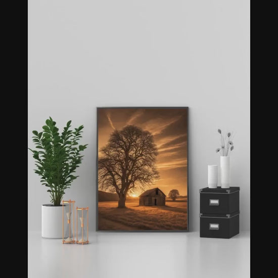 Sepia Landscape Digital Poster, Chic & Sober Wall Art, Country Poster, Digital Print Tree and Barn Decor, A2 Size: 42 x 59,4cm