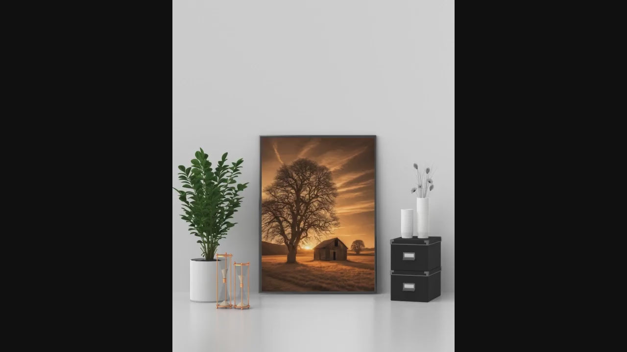 Sepia Landscape Digital Poster, Chic & Sober Wall Art, Country Poster, Digital Print Tree and Barn Decor, A2 Size: 42 x 59,4cm