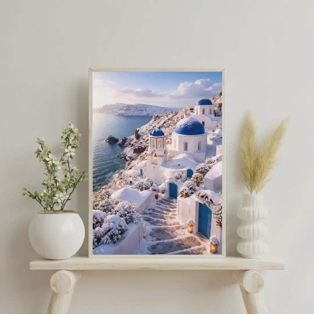 Affiche Imprimée Santorin Oia Grèce, Village Méditerranéen en Bord de Mer, Poster Voyage Côte Égéenne, Décoration Murale Maison Bohème