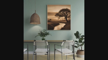 Affiche Numérique Paysage Sépia, Art Mural Chic & Sobre, Poster Campagne, Impression numérique Décor Arbre/Ruisseau, Format : 50,8 x 50,8 cm