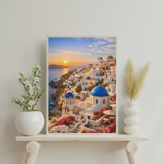 Affiche Imprimée Santorin Oia Grèce, Village Méditerranéen en Bord de Mer, Poster Voyage Côte Égéenne, Décoration Murale Maison Bohème