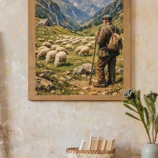 Affiche Imprimée Paysage Montagne Alpine Vintage – Berger & Troupeau – Édition Premium – Art Rural Authentique, Conçue et Imprimée en France