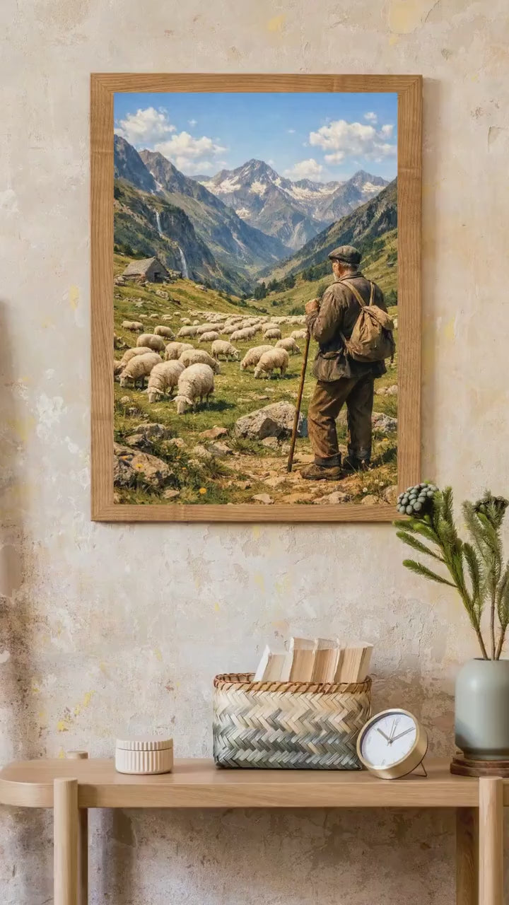Affiche Imprimée Paysage Montagne Alpine Vintage – Berger & Troupeau – Édition Premium – Art Rural Authentique, Conçue et Imprimée en France