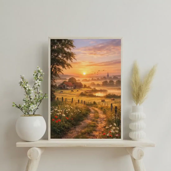 Affiche Imprimée Campagne Printanière à l’aube, Paysage nature lever du soleil, Déco murale champêtre, Poster paysage rural printemps